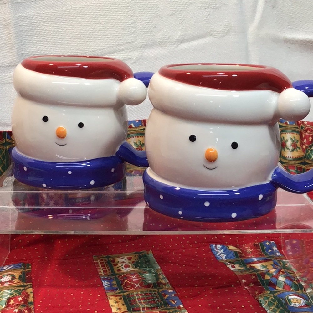 Snowman Mugs (2) with Santa Hats with blue scarf